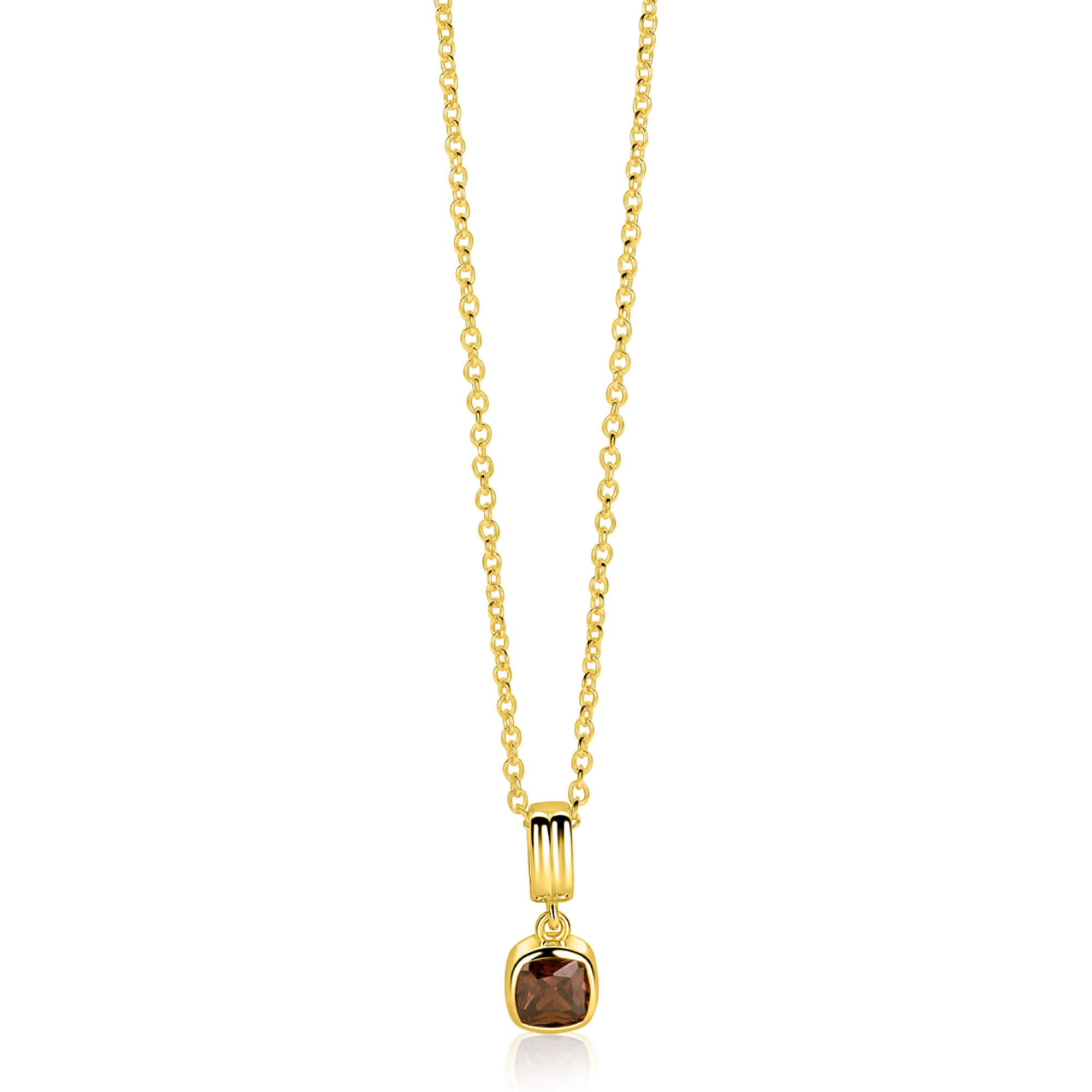 ZINZI gold plated zilveren ketting met strakke hanger bezet met vierkante bruine zirkonia 6mm 42-45cm ZIC-BF154
