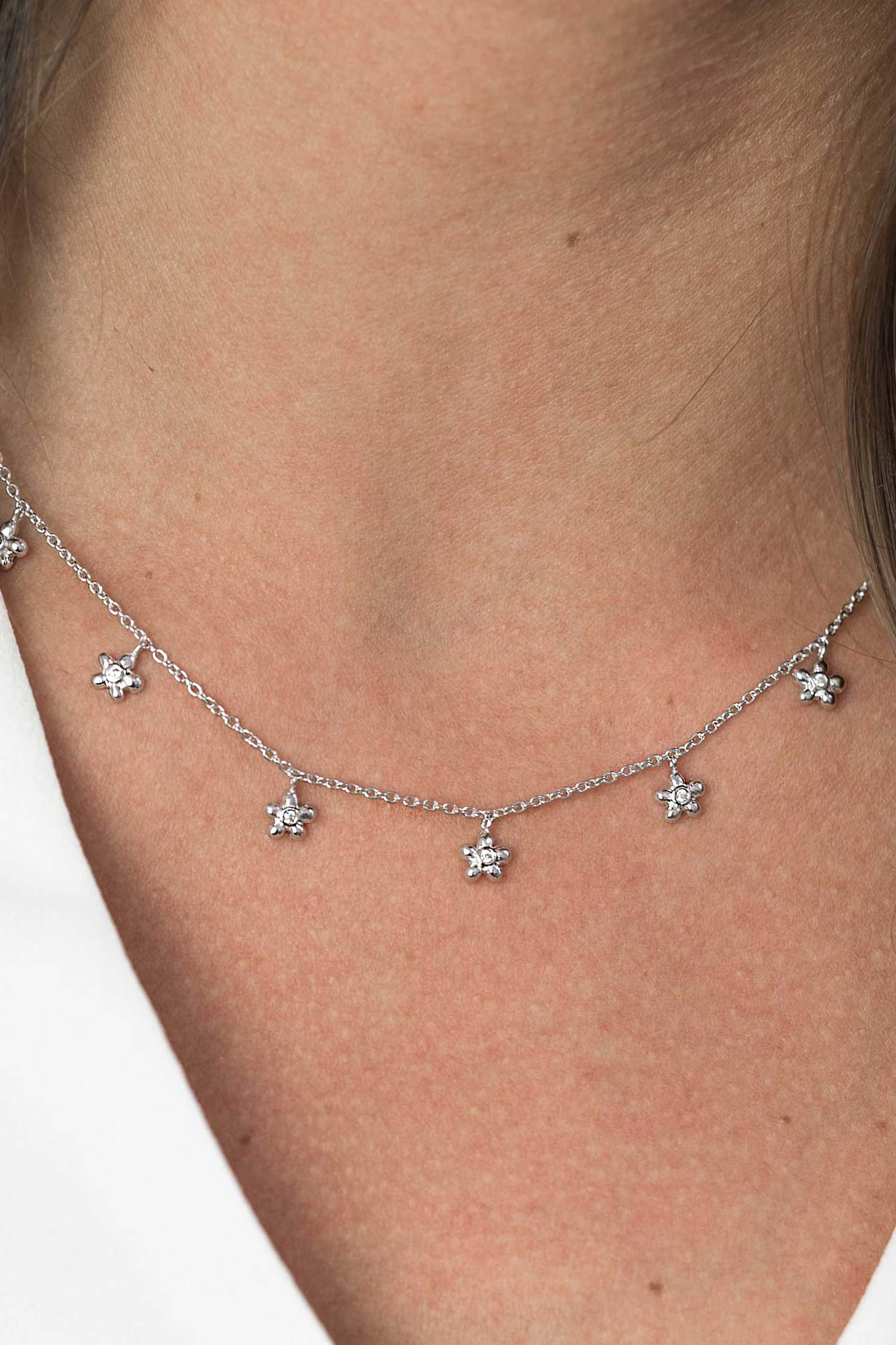 ZINZI zilveren ketting met zeven bloem-hangertjes, bezet met witte zirconia's  45cm ZIC1876
