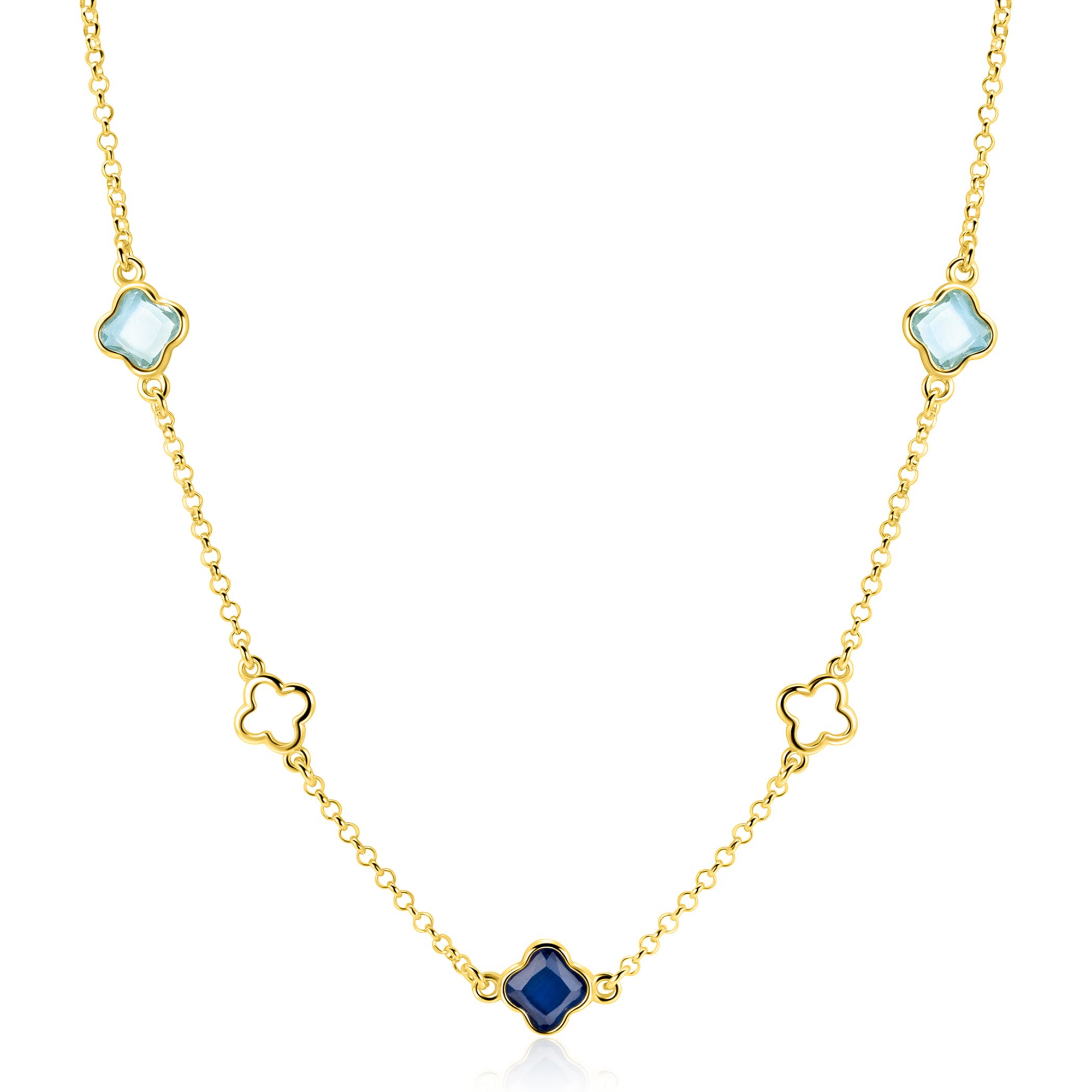 ZINZI gold plated zilveren schakelketting met twee licht blauwe klavers en een saffier blauwe klaver 40-45cm ZIC2906