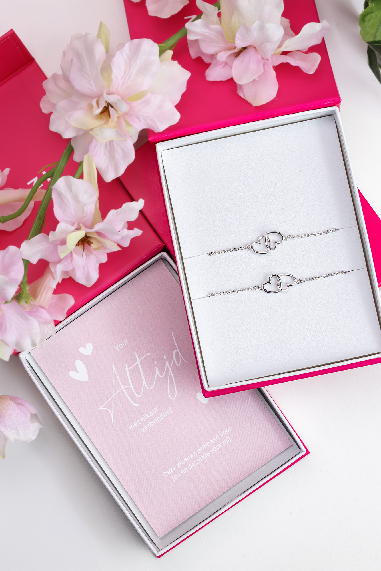 ZINZI set van 2 zilveren armbanden met 2 verbonden hartjes 17,5-19,5cm ZIA2513-SET