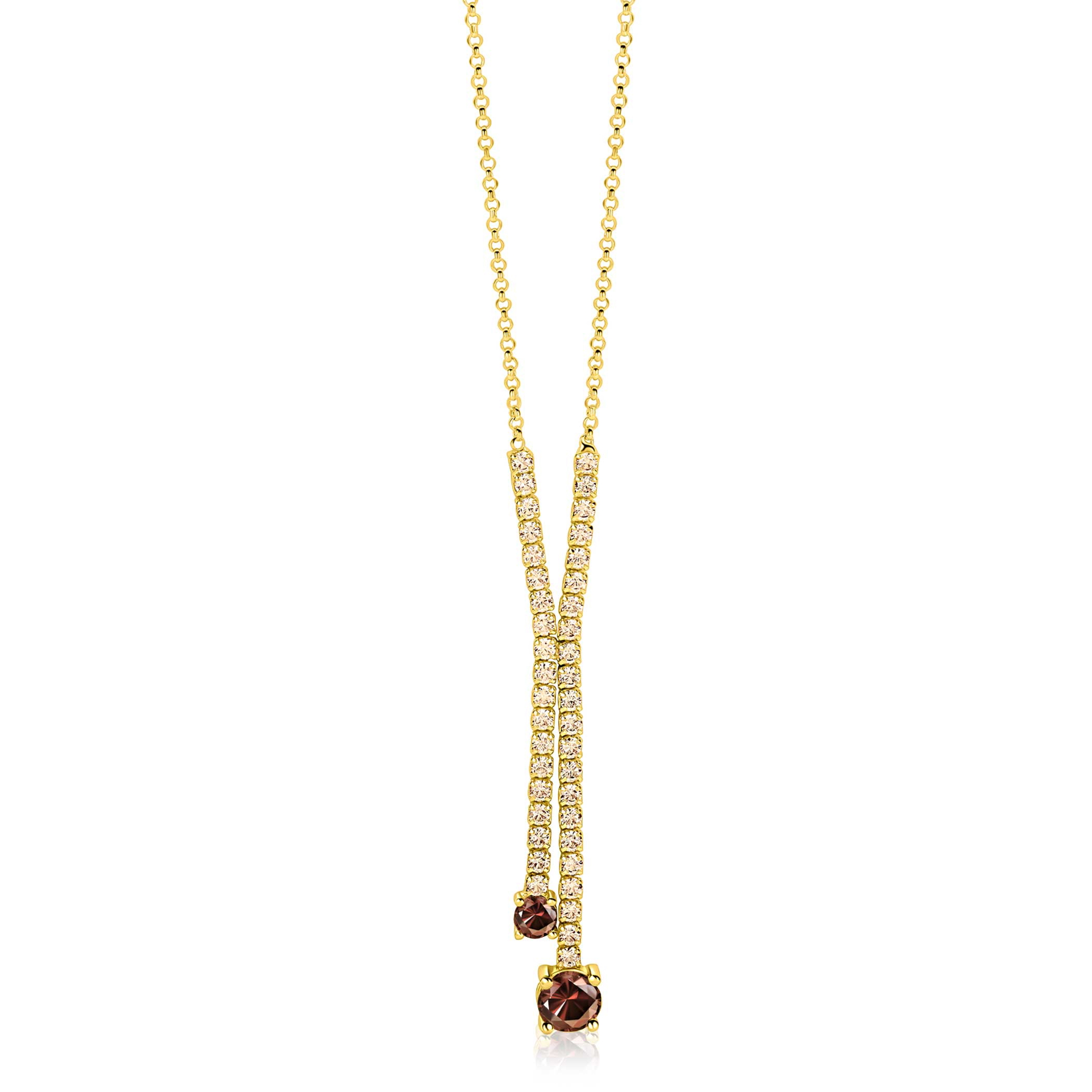 ZINZI gold plated zilveren Y-collier 45cm met luxe tennislook en champagnekleurige zirkonia's in rijzetting met twee grotere donkerbruine kleurstenen ZIC2894C