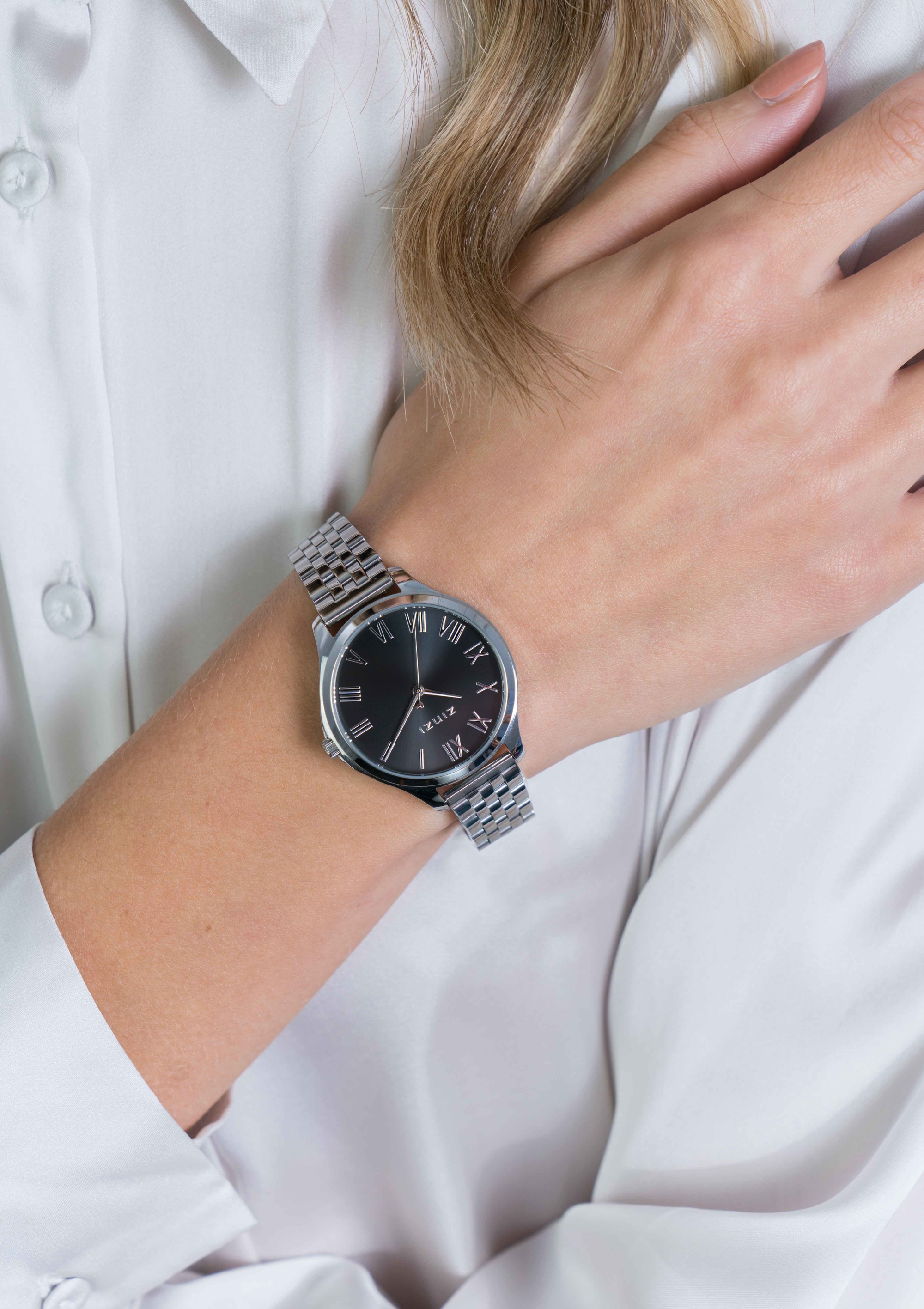 ZINZI horloge JULIA 34mm zwarte wijzerplaat romeinse cijfers stalen kast en band ziw1101
