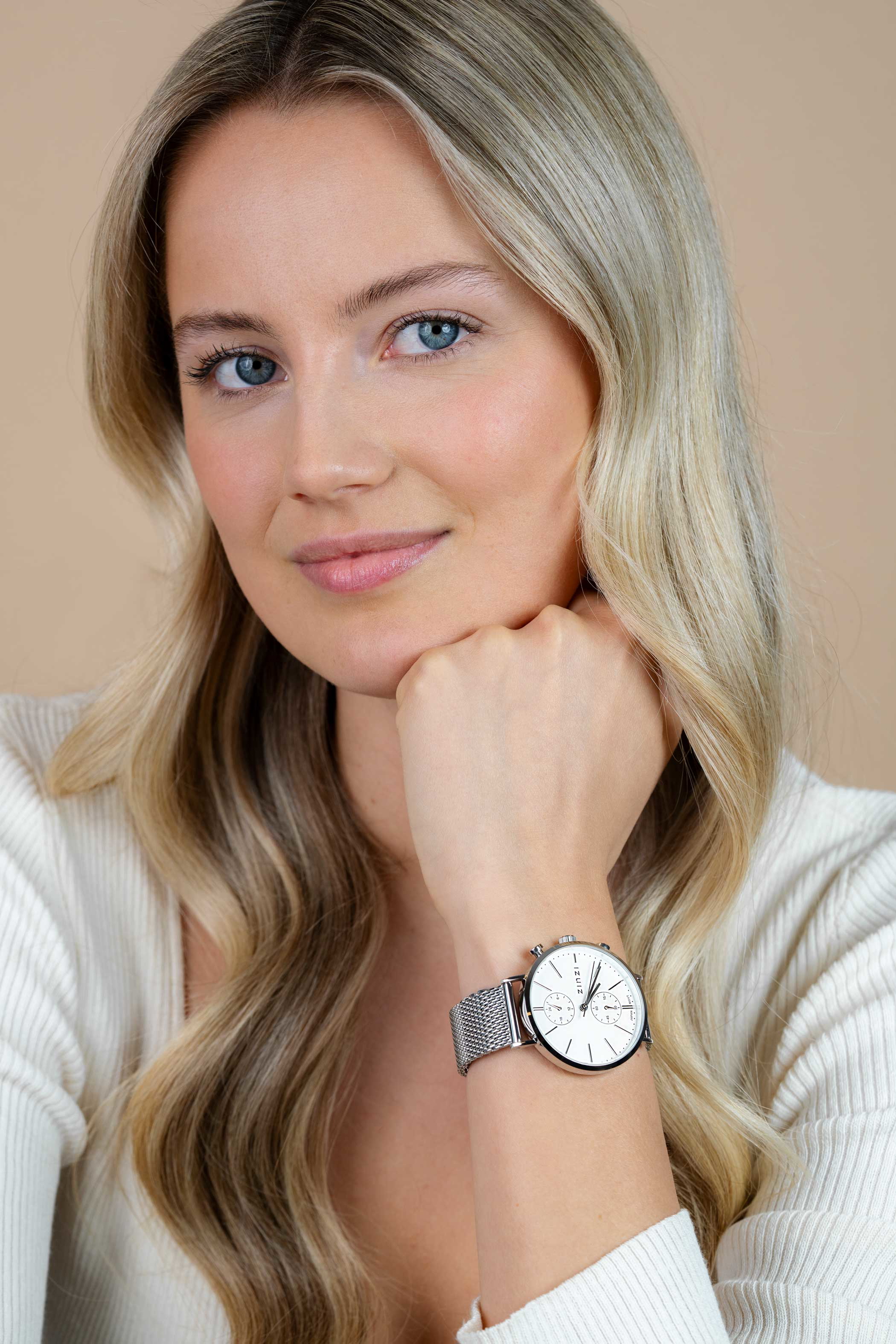 ZINZI watch Traveller witte wijzerplaat stalen kast met stalen mesh 39mm dual time ZIW740M