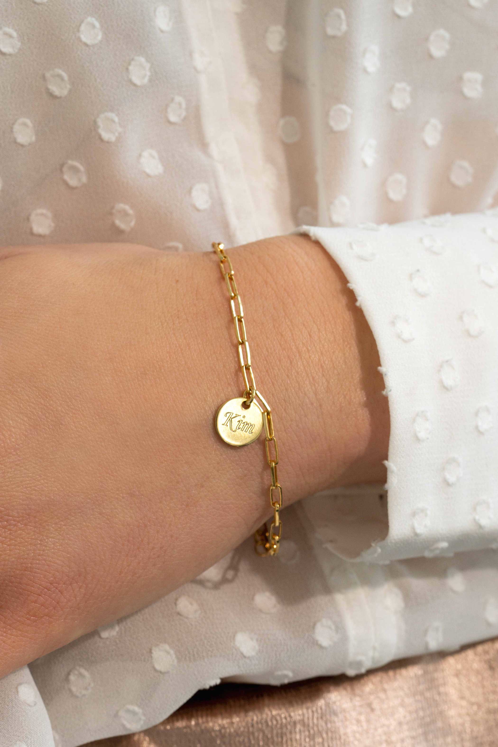 ZINZI zilveren armband 14K geel verguld paperclip schakel rond plaatje ZIA2166G