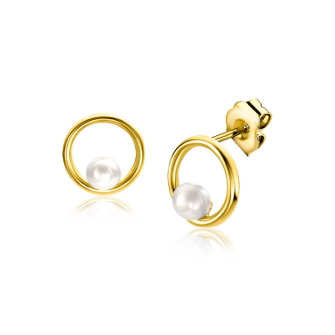 8mm ZINZI Gold 14 krt gouden oorstekers met open ronde vorm, bezet met een kleine witte parel ZGO418