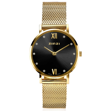 "ZINZI Lady Crystal Uhr schwarze Zifferblatt, gelbgoldfarbenes Gehäuse und  Stahlgitterband,  weiße Kristalle bei der Stundenanzeige, 28mm ZIW643M"