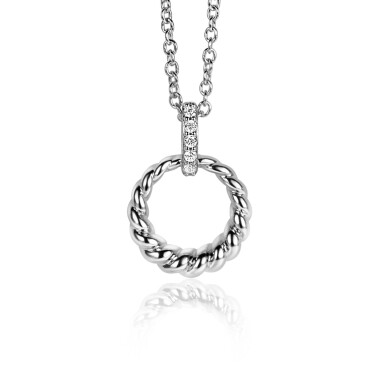 ZINZI zilveren ronde hanger 15mm gedraaid motief, hangoog bezet met witte zirconia's ZIH2403 (zonder collier)