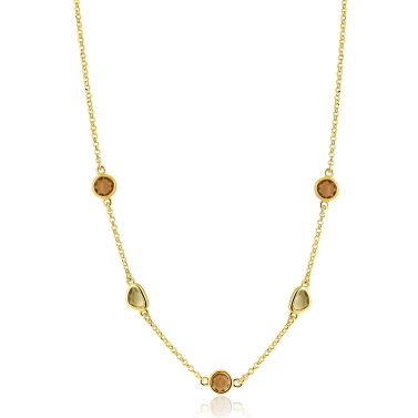 ZINZI gold plated zilveren collier 45cm met speelse vormen, bezet met bruine en olijfgroene kleurstenen ZIC2770