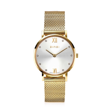 ZINZI Lady Crystal Uhr silberfarbenes Zifferblatt, gelbgoldfarbenes Gehäuseund  Stahlgitterband,  weißen Kristallen bei der Stundenanzeige, 28mm extra dünn ZIW633M