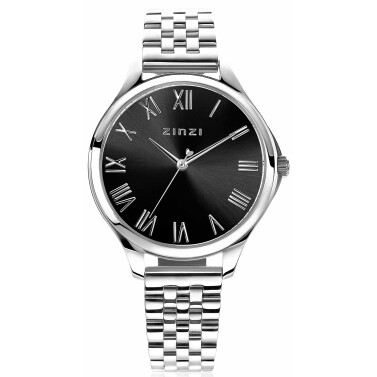 ZINZI horloge JULIA 34mm zwarte wijzerplaat romeinse cijfers stalen kast en band ziw1101