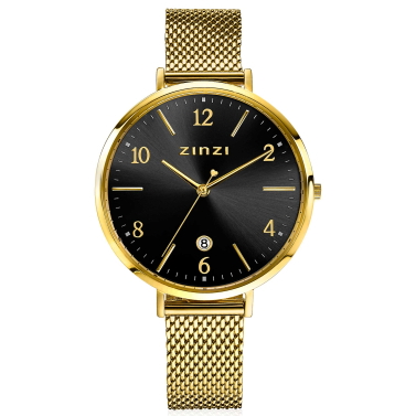 "ZINZI Uhr SOPHIE schwarzes Zifferblatt mit Datum, goldfarbenes Gehäuse 38mm,  Stahlgitterband 16mm ZIW1443"