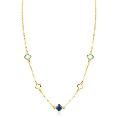 ZINZI gold plated zilveren schakelketting met twee licht blauwe klavers en een saffier blauwe klaver 40-45cm ZIC2906