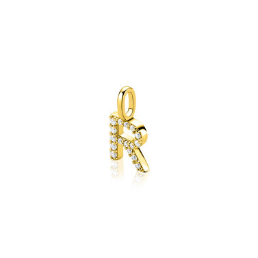 ZINZI gold plated zilveren letter hanger R bezet met witte zirkonia's ZIH2828-R (zonder ketting)