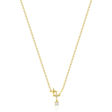 ZINZI goldplated zilveren ketting 45cm 'sterrendans' met twee speelse sterren en bungelende witte zirkonia ZIC2837