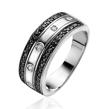 ZINZI silberner Ring im Multi-Look, äußere Reihen schwarze Zirkonias, in der mittleren Reihe 5 runde weiße Zirkonias ZIR830Z