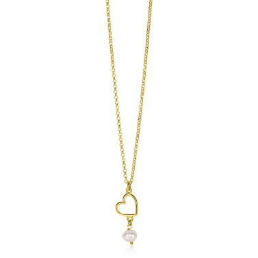 ZINZI gold plated zilveren ketting met open hartje en bungelend witte zoetwaterparel 40-45cm ZIC2642