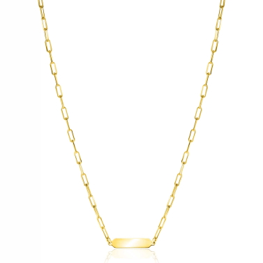 ZINZI gold plated zilveren ketting met paperclip-schakels en glanzend rechthoekig plaatje om te graveren 42-45cm ZIC2530G