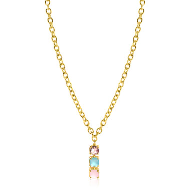 ZINZI gold plated zilveren schakel ketting 43-45cm met luxe hanger (30mm) van drie vierkante zettingen bezet met roze en turquoise kleurstenen ZIC2454