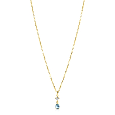 ZINZI gold plated zilveren ketting 42-45cm met luxe peervormige hanger met lichtblauwe kleursteen en witte zirkonia ZIC2744