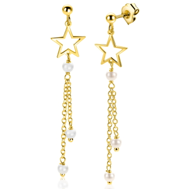 53mm ZINZI goldplated zilveren oorstekers met opengewerkte ster, hangende kettinkjes en witte parels ZIO2780