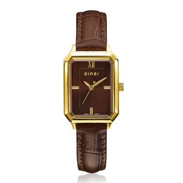 ZINZI Allure horloge 30mm achthoekige kast, bruine wijzerplaat, geelgoudkleurige kast en leren band, Japans uurwerk ZIW2536B
