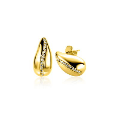 17mm ZINZI gold plated zilveren oorstekers in druppelvorm met golvende rij witte zirkonia's ZIO2707Y