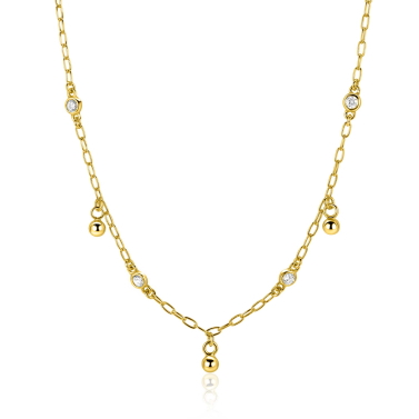 ZINZI gold plated zilveren schakelketting met vier witte zirkonia's en 3 ronde bolletjes, gelijkmatig verdeeld over de ketting 42-45cm ZIC2658