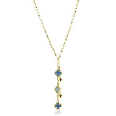 ZINZI zlv. Y-collier gg.verg.met blauwe klavers