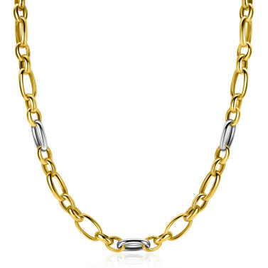 ZINZI bicolor schakelketting (7mm breed) met afwisselend gold plated jasseron schakels en grote zilveren ovale schakels 45cm ZIC2639