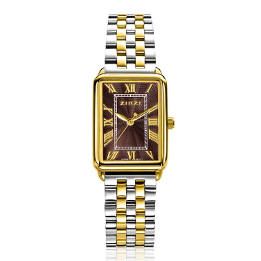 ZINZI Elegance horloge 28mm bruine wijzerplaat en rechthoekige kast stalen bicolor schakelband Japans uurwerk ZIW1936