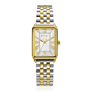 ZINZI Elegance bicolor horloge witte wijzerplaat en rechthoekige goudkleurige kast en bicolor stalen schakelband 28mm extra dun ZIW1907