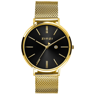 ZINZI Retro-Uhr 38 mm schwarzes Zifferblatt und gelbgoldfarbenes Stahlgehäuse Stahlgewebeband gelbgoldfarben extra dünn ZIW443M