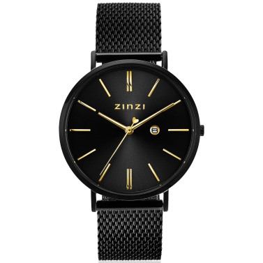 ZINZI Retro-Uhr 38 mm, schwarzes Zifferblatt, goldene Zeiger, schwarzes Stahlgehäuse, extra dünnes schwarzes Stahlgeflechtarmband ZIW449M
