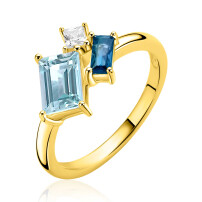 ZINZI gold plated zilveren ring bezet met geometrische kleurstenen in lichtblauw, petrolblauw en fonkelend wit ZIR2897