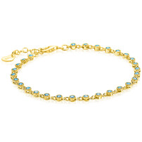 ZINZI gold plated zilveren armband met een speelse rij blauwe zirkonia&rsquo;s in ronde zetting 3mm breed ZIA2893BG