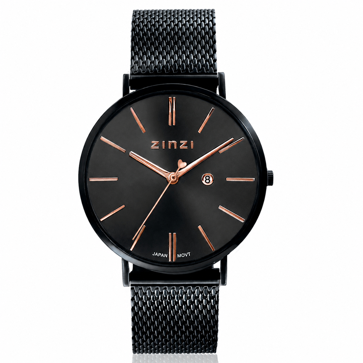 ZINZI Retro horloge zwarte wijzerplaat en zwarte stalen kast zwarte stalen mesh band 38mm extra dun ZIW409M