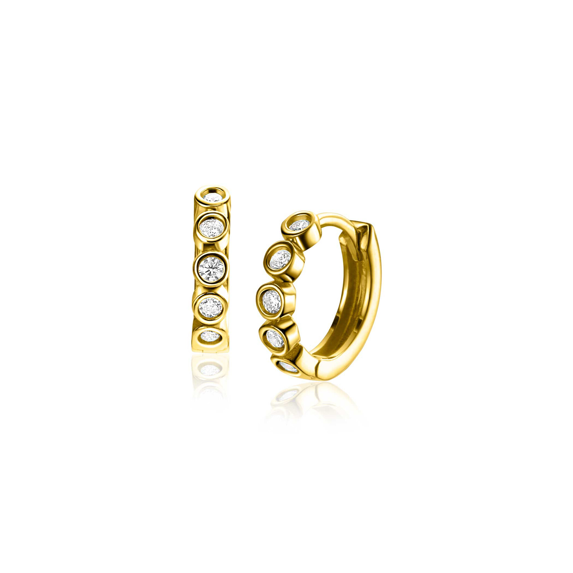 13mm ZINZI Gold 14 karat gold hoop earrings with round settings set with white zirconia stones and luxurious hinged closure 13mm x 2.7mm tube ZGO507
