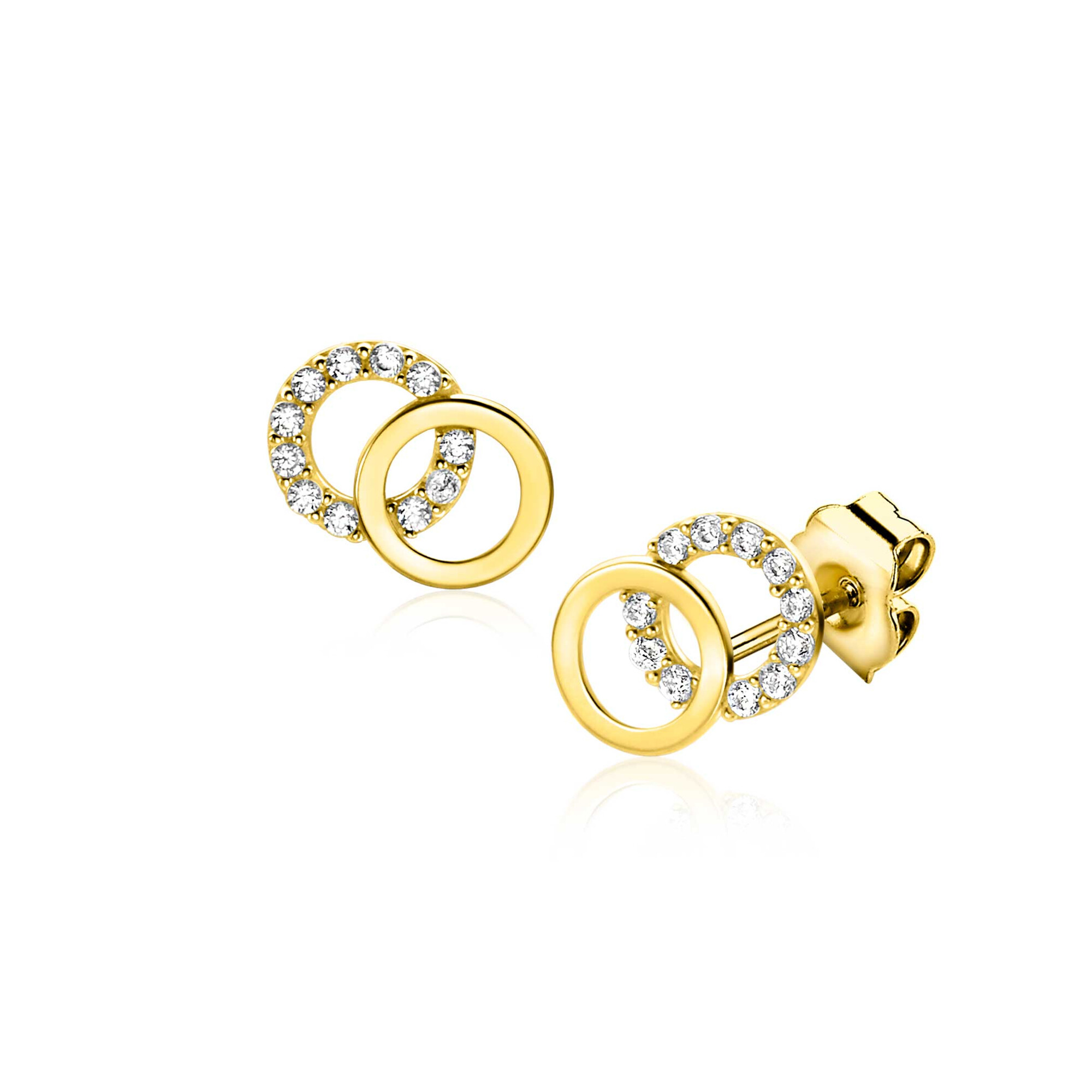 9mm ZINZI Gold 14 krt gouden oorknoppen open rondjes, glad en bezet met witte zirconia's ZGO466
