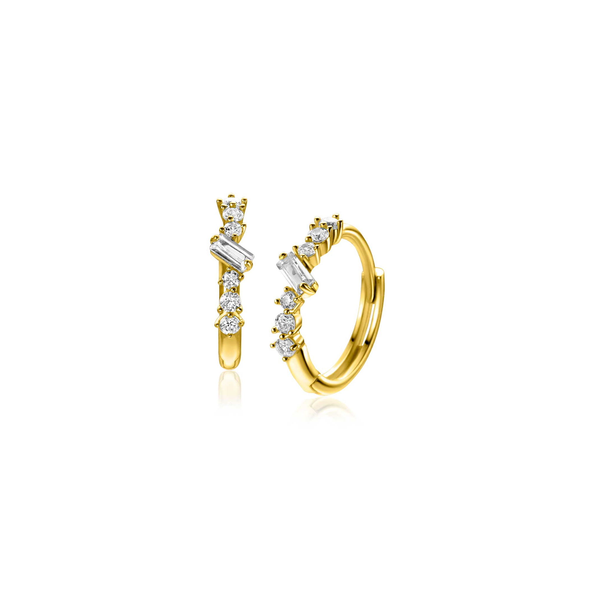 13mm ZINZI Gold 14kt goldene Creolen mit rechteckigem baguettegeschliffenen Zirkonia und sechs runden weißen Zirkonias, mit luxuriösem Klappverschluss 13x2mm ZGO528
