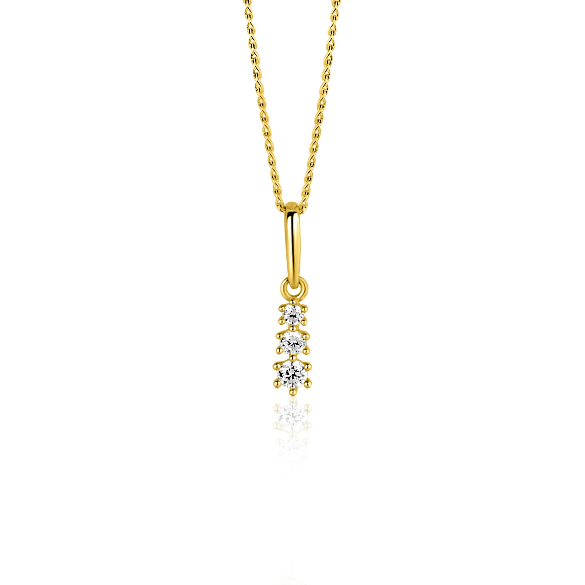 13mm ZINZI Gold 14 krt gouden hanger met drie witte zirkonia's ZGH543 (zonder collier)