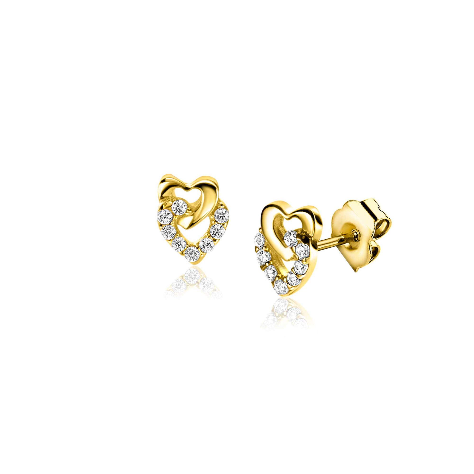 ZINZI GOLD oorknopje 2 hartjes inelkaar 1 bezet zirc.