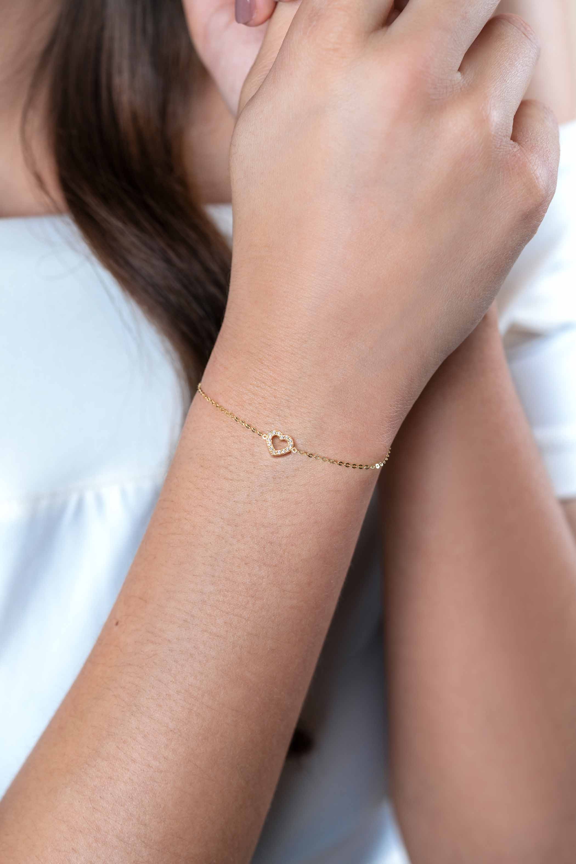 ZINZI 14K Gold Bracelet Heart White Zirconias 7mm width 16,5-19,5cm ZGA450