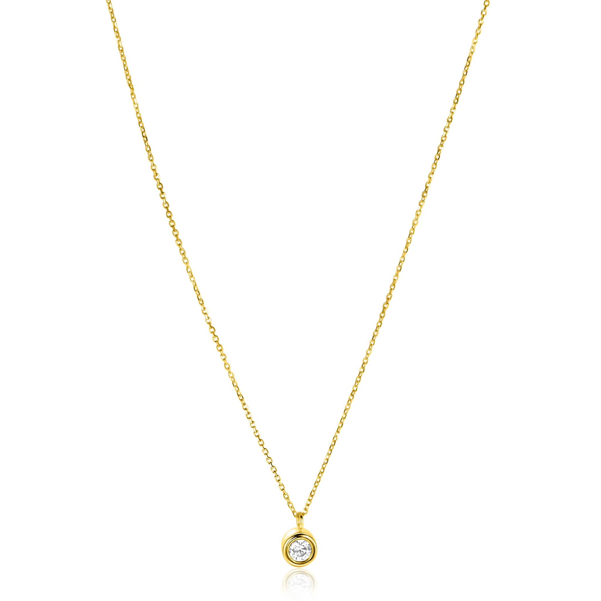 ZINZI Gold 14 krt gouden schakelkettinkje 43cm met sierlijke ronde hanger, bezet met witte zirconia ZGC371