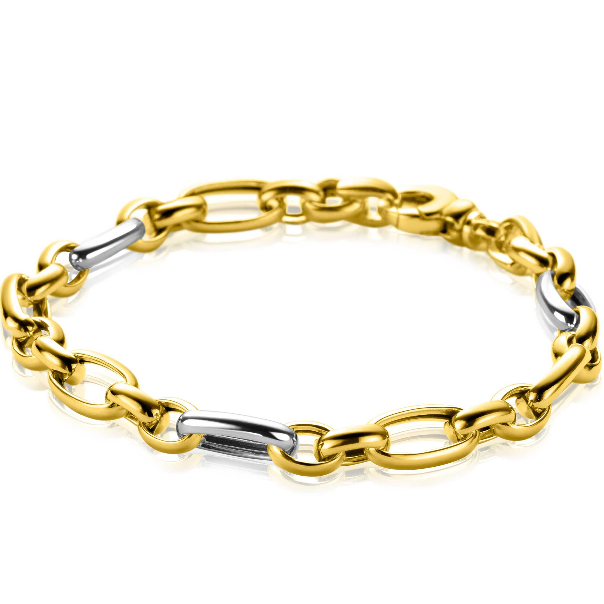ZINZI Bicolor-Silberarmband (7 mm breit) mit abwechselnd vergoldeten Jasseron-Gliedern und großen ovalen Silbergliedern, 19 cm ZIA2639