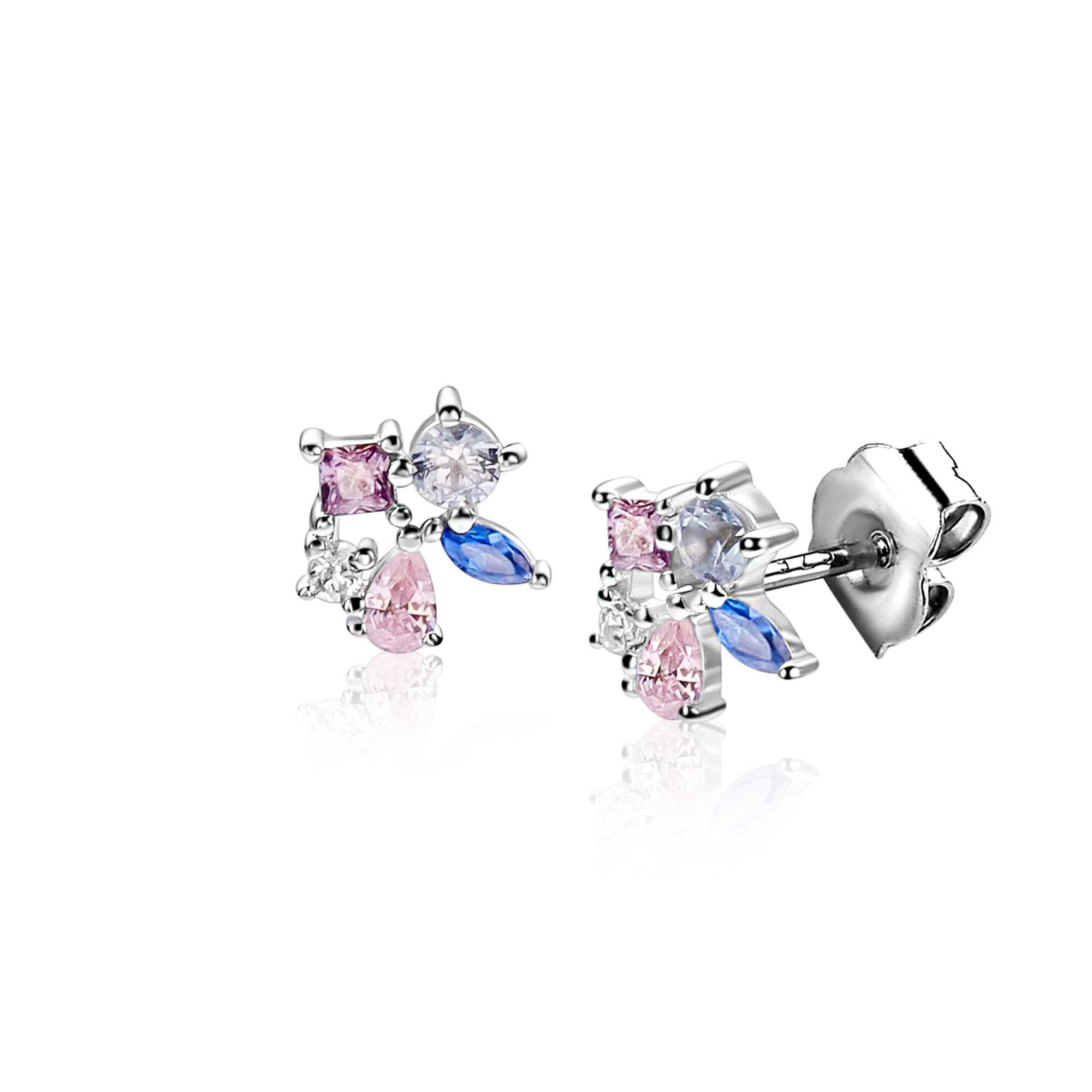 8mm ZINZI zilveren oorstekers bezet met een speelse combinatie van witte, roze, paarse en blauwe kleurstenen in verschillende slijpvormen ZIO2866