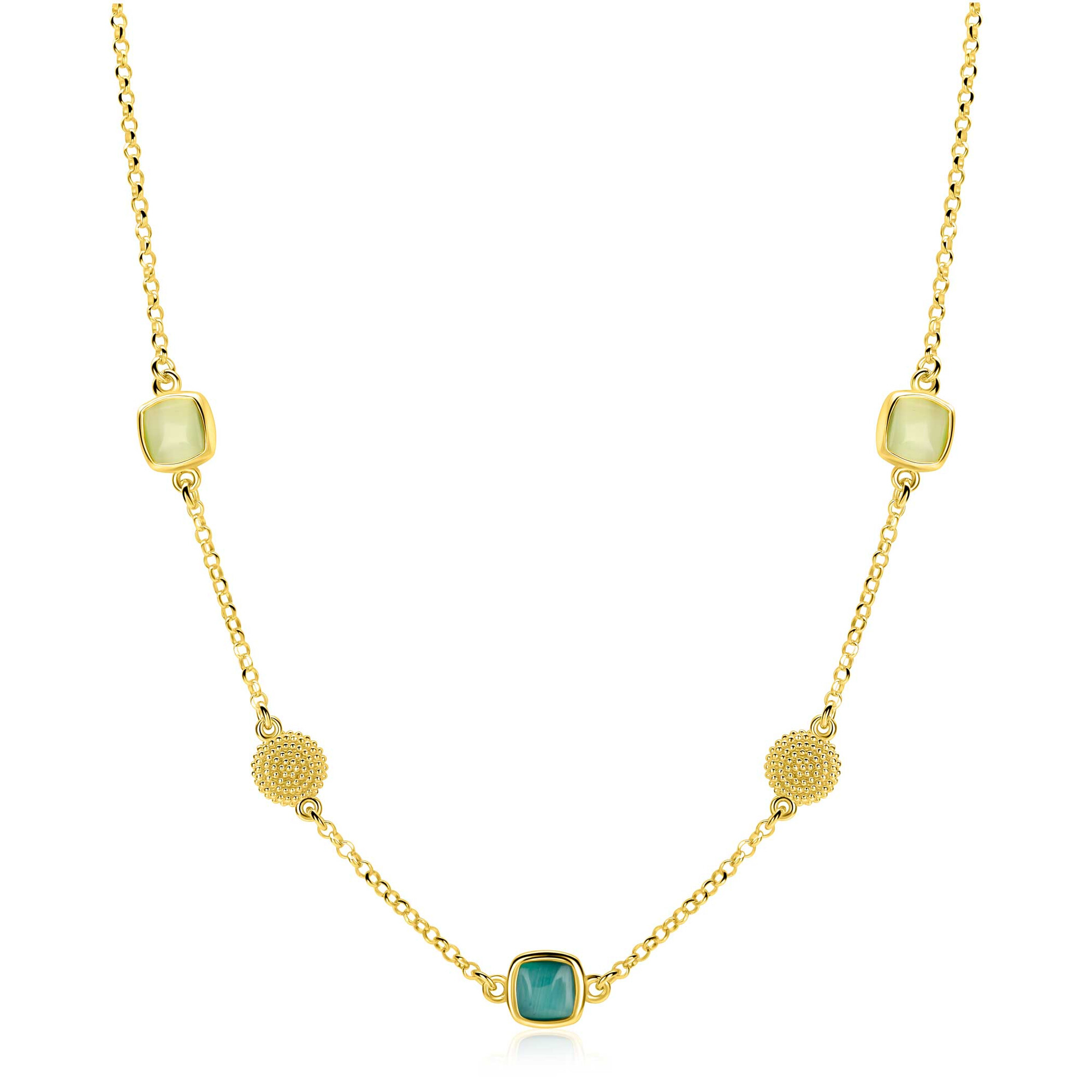 ZINZI gold plated zilveren ketting 45cm met drie vierkante kleurstenen in zachte groentinten, afgewisseld met ronde structuurelementen ZIC2904