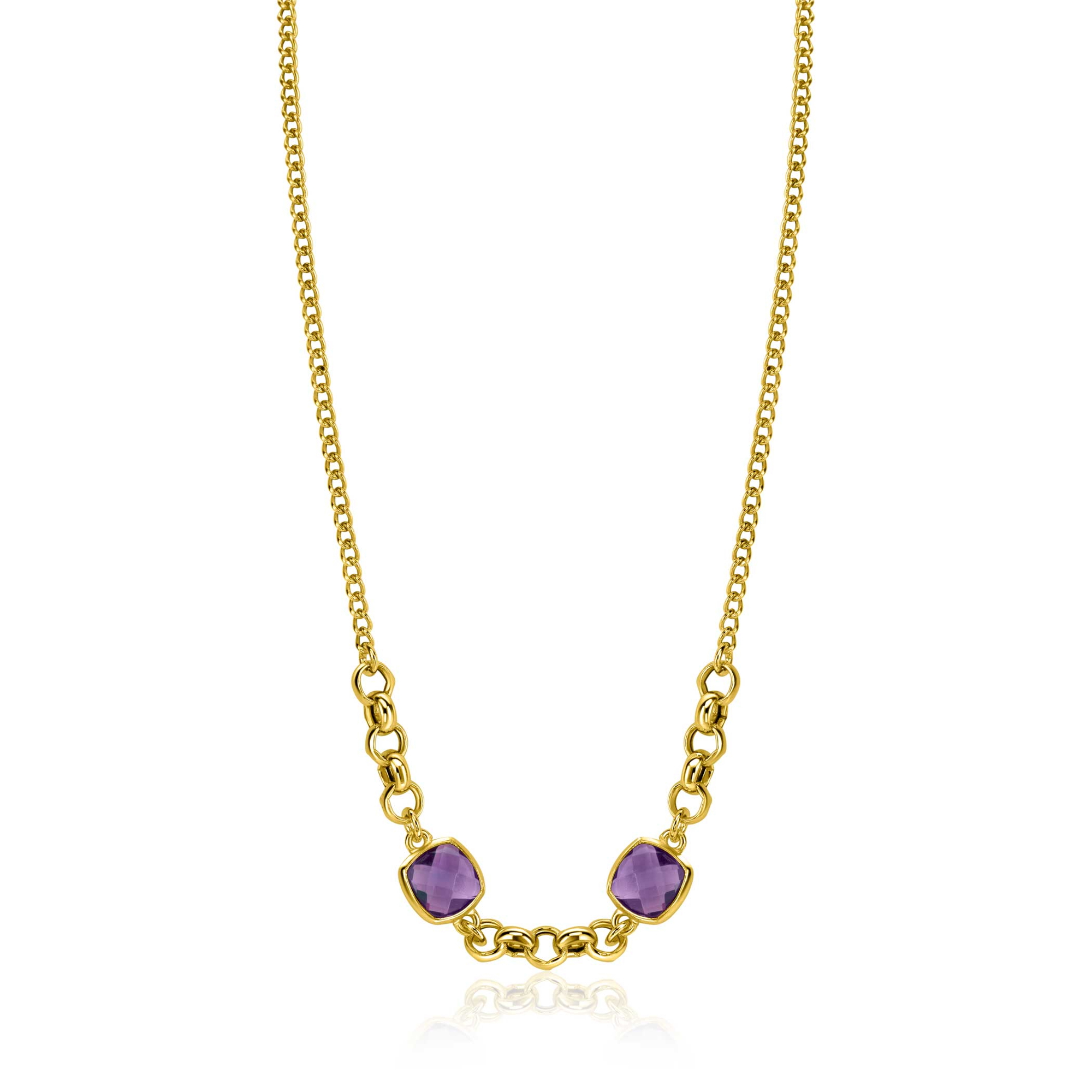 ZINZI gold plated zilveren gourmet schakel ketting met twee vierkante paarse kleurstenen 40-45cm ZIC-BF122