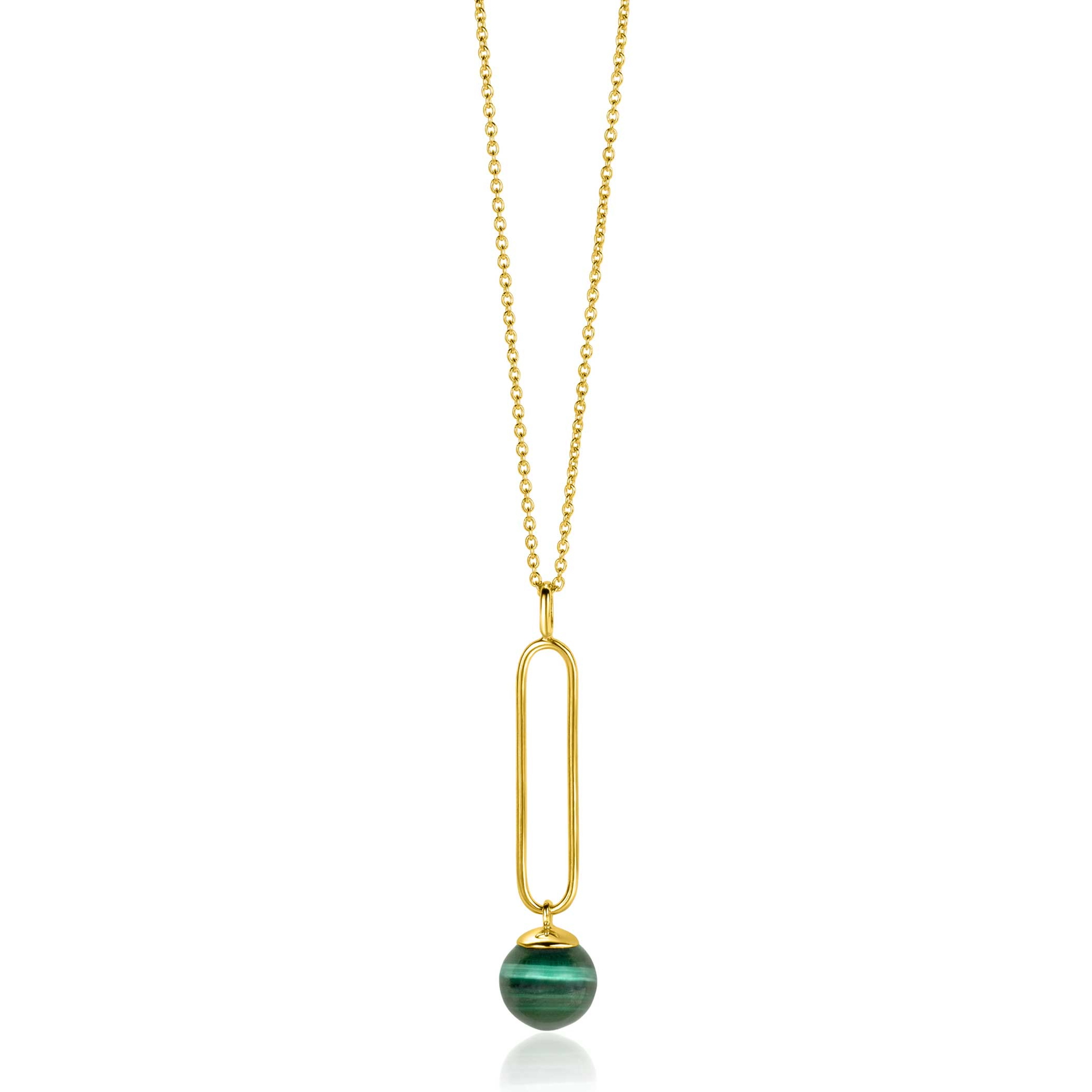 ZINZI gold plated zilveren ketting met lange ovale hanger en bungelende groene cateye in bolvorm 40-45cm ZIC2420