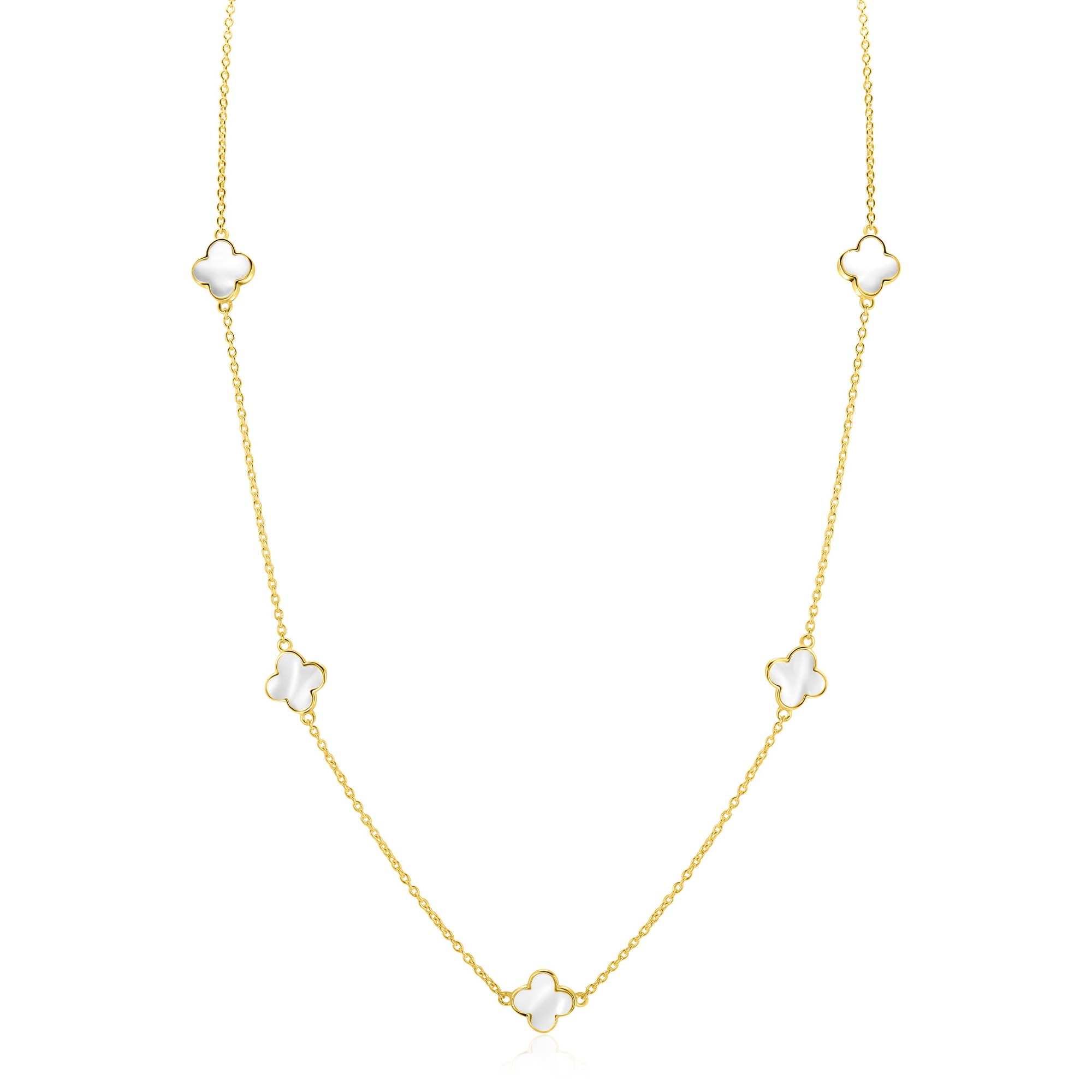 ZINZI gold plated zilveren ketting met vijf klavers 11mm in parelmoer 42-45cm ZIC-BF153
