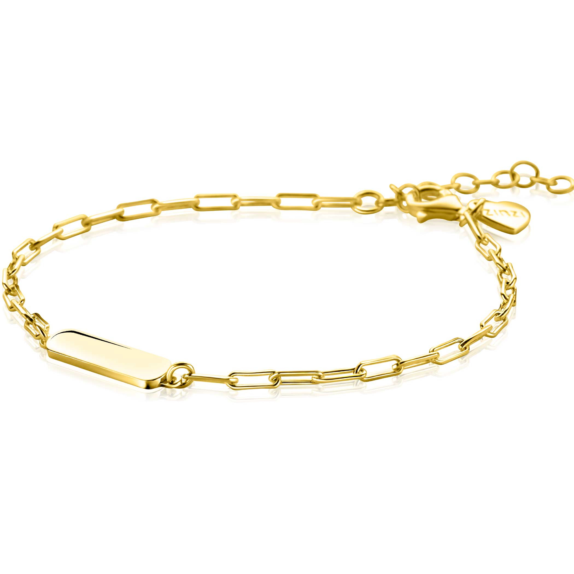 ZINZI gold plated silver bracelet with paperclip links and shiny rectangular plate to engrave 16.5-19.5cm ZIA2530G